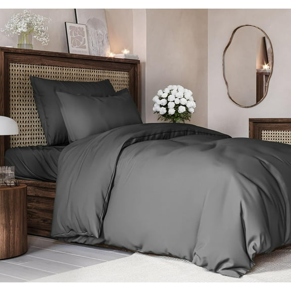 CGK Linens 2-Piece Premium Duvet Cover Set - Twin Size Soft Comforter Cover With Zipper & Matching Pillowcases, Dark Grey
