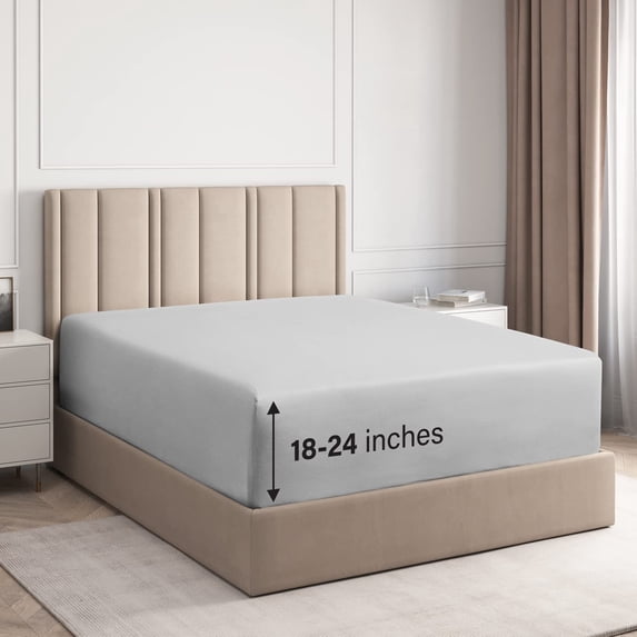 CGK Linens 400 Thread Count Extra Deep Pocket Single Fitted Sheet Only - Full Size 100% Cotton Sateen Bottom Sheet, Fits 18"-24" Mattresses, Light Grey