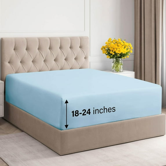 CGK Linens 400 Thread Count Extra Deep Pocket Single Fitted Sheet Only - Full Size 100% Cotton Sateen Bottom Sheet, Fits 18"-24" Mattresses, Light Blue