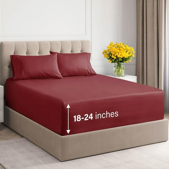 CGK Linens 4-Piece 400 Thread Count Extra Deep Pocket Cotton Sheet Set - King Size 100% Cotton Sateen Bed Sheets Fits 8"-16" Mattresses, Burgundy
