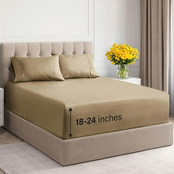 CGK Linens 4-Piece 400 Thread Count Extra Deep Pocket Cotton Sheet Set - Queen Size 100% Cotton Sateen Bed Sheets Fits 8"-16" Mattresses, Beige