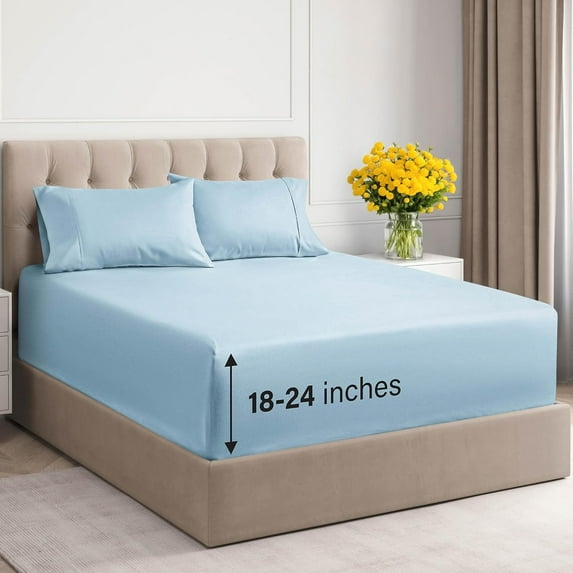 CGK Linens 4-Piece 400 Thread Count Extra Deep Pocket Cotton Sheet Set - Queen Size 100% Cotton Sateen Bed Sheets Fits 8"-16" Mattresses, Light Blue
