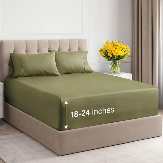 CGK Linens 4-Piece 400 Thread Count Extra Deep Pocket Cotton Sheet Set - Queen Size 100% Cotton Sateen Bed Sheets Fits 8"-16" Mattresses, Sage Green