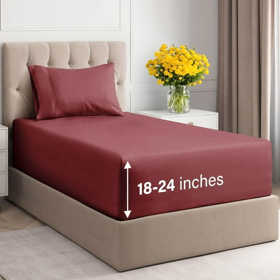 CGK Linens 3-Piece 400 Thread Count Extra Deep Pocket Cotton Sheet Set - Twin Size 100% Cotton Sateen Bed Sheets Fits 8"-16" Mattresses, Burgundy