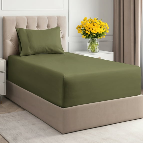 CGK Linens 3-Piece 400 Thread Count Extra Deep Pocket Cotton Sheet Set - Twin Size 100% Cotton Sateen Bed Sheets Fits 8"-16" Mattresses, Sage Green