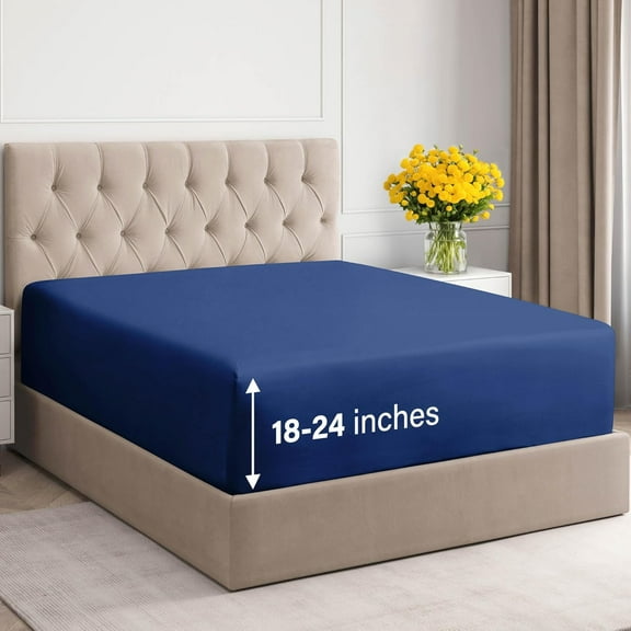 CGK Linens 400 Thread Count Extra Deep Pocket Single Fitted Sheet Only - Twin Size 100% Cotton Sateen Bottom Sheet, Fits 18"-24" Mattresses, Navy Blue