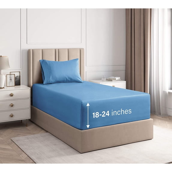 CGK Linens 3-Piece Extra Deep Pocket Sheet Set - Twin XL Size Breathable & Cooling Bed Sheets Fits 18"-24" Mattresses, Denim Blue