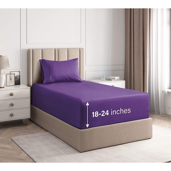 CGK Linens 3-Piece Extra Deep Pocket Sheet Set - Twin XL Size Breathable & Cooling Bed Sheets Fits 18"-24" Mattresses, Purple