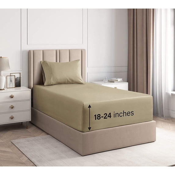 CGK Linens 3-Piece Extra Deep Pocket Sheet Set - Twin Size Breathable & Cooling Bed Sheets Fits 18"-24" Mattresses, Beige