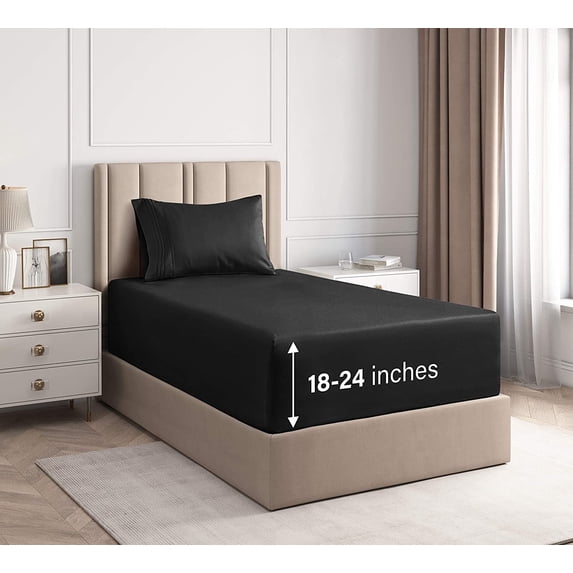 CGK Linens 3-Piece Extra Deep Pocket Sheet Set - Twin Size Breathable & Cooling Bed Sheets Fits 18"-24" Mattresses, Black