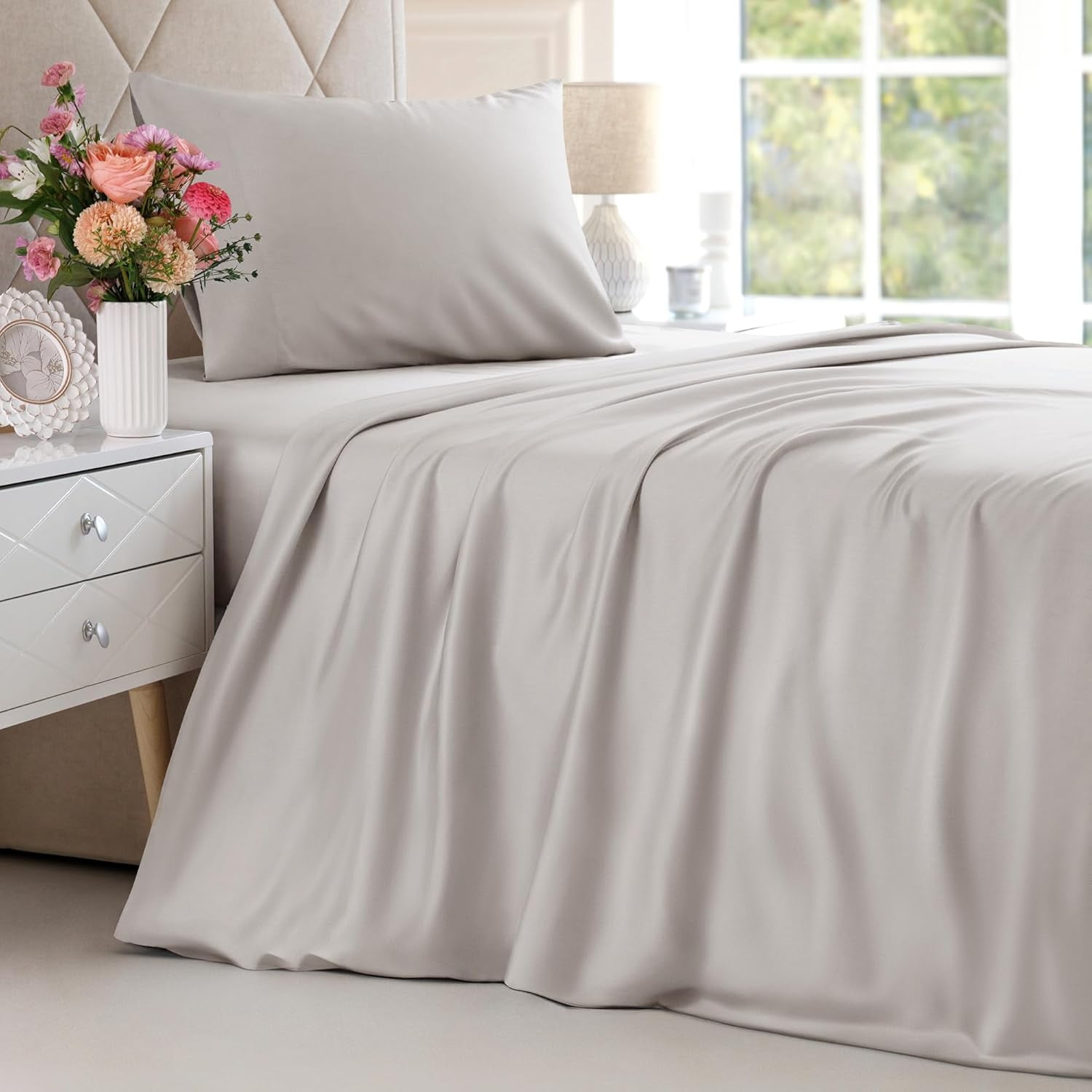 CGK Linens 3-Piece Luxury Bamboo Cooling Sheet Set - Twin Size 100% Bamboo Derived Rayon Premium Bed Sheets, Light Grey