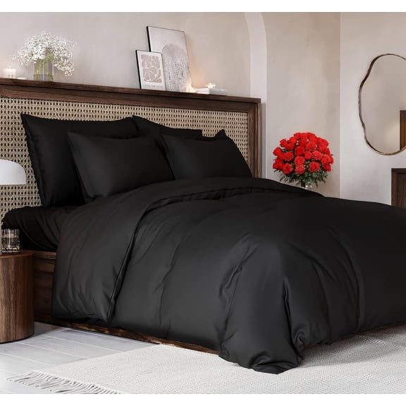 CGK Linens 3-Piece Premium Duvet Cover Set - Queen Size Soft Comforter Cover With Zipper & Matching Pillowcases, Black