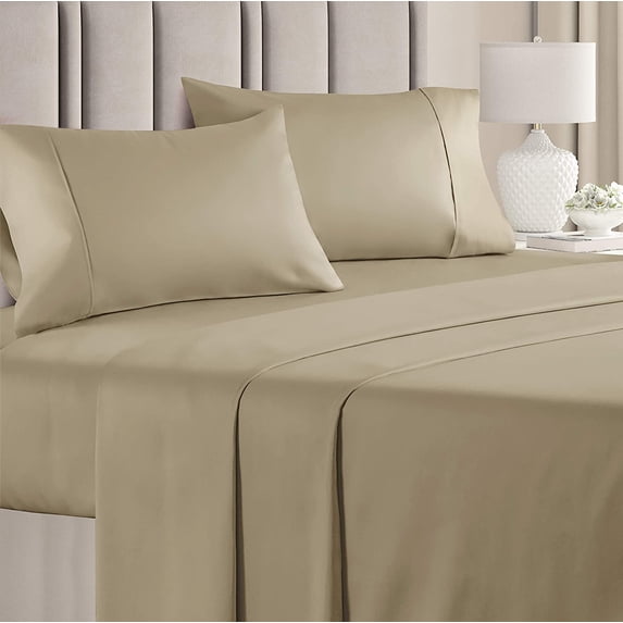 CGK Linens 4-Piece 400 Thread Count Cotton Sheet Set - Full Size 100% Cotton Sateen Bed Sheets Fits 18"-24" Mattresses, Beige