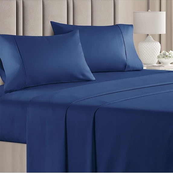 CGK Linens 4-Piece 400 Thread Count Cotton Sheet Set - Queen Size 100% Cotton Sateen Bed Sheets Fits 18"-24" Mattresses, Navy Blue