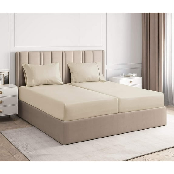 CGK Linens 5-Piece 400 Thread Count Cotton Sheet Set - Split King Size 100% Cotton Sateen Bed Sheets Fits 18"-24" Mattresses, Cream