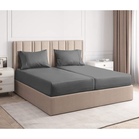 CGK Linens 5-Piece 400 Thread Count Cotton Sheet Set - Split King Size 100% Cotton Sateen Bed Sheets Fits 18"-24" Mattresses, Gray
