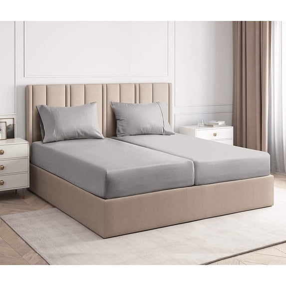 CGK Linens 5-Piece 400 Thread Count Cotton Sheet Set - Split King Size 100% Cotton Sateen Bed Sheets Fits 18"-24" Mattresses, Light Grey