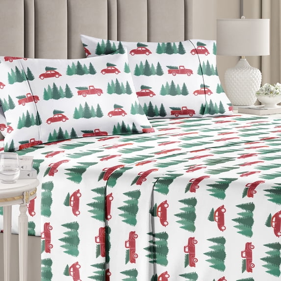 CGK Linens 4-Piece Christmas Holiday Sheet Set - Queen Size Xmas Winter Bedding With Vibrant Festive Patterns, Truck