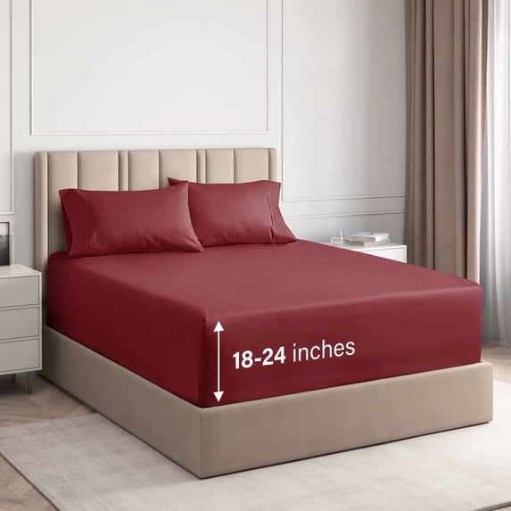 CGK Linens 4-Piece Extra Deep Pocket Sheet Set - Full Size Breathable & Cooling Bed Sheets Fits 18"-24" Mattresses, Burgundy