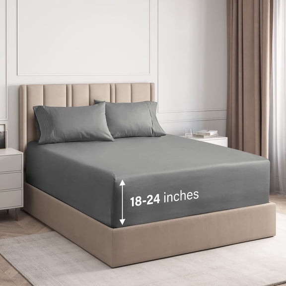 CGK Linens 4-Piece Extra Deep Pocket Sheet Set - Full Size Breathable & Cooling Bed Sheets Fits 18"-24" Mattresses, Gray