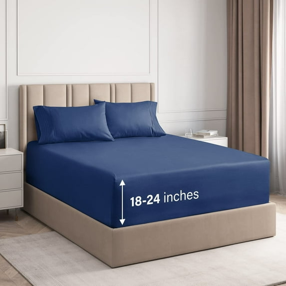 CGK Linens 4-Piece Extra Deep Pocket Sheet Set - Full Size Breathable & Cooling Bed Sheets Fits 18"-24" Mattresses, Navy Blue