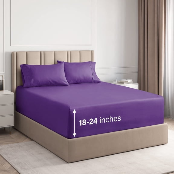 CGK Linens 4-Piece Extra Deep Pocket Sheet Set - King Size Breathable & Cooling Bed Sheets Fits 18"-24" Mattresses, Purple