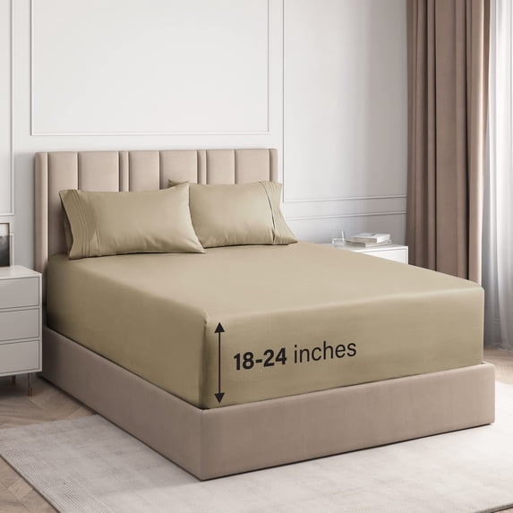 CGK Linens 4-Piece Extra Deep Pocket Sheet Set - Queen Size Breathable & Cooling Bed Sheets Fits 18"-24" Mattresses, Beige