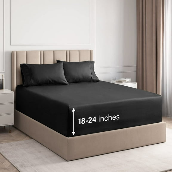 CGK Linens 4-Piece Extra Deep Pocket Sheet Set - Queen Size Breathable & Cooling Bed Sheets Fits 18"-24" Mattresses, Black