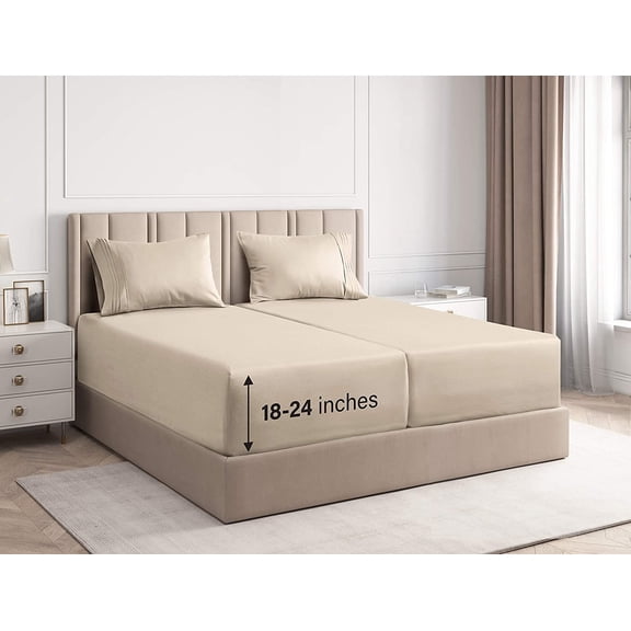 CGK Linens 5-Piece Extra Deep Pocket Sheet Set - Split King Size Breathable & Cooling Bed Sheets Fits 18"-24" Mattresses, Cream