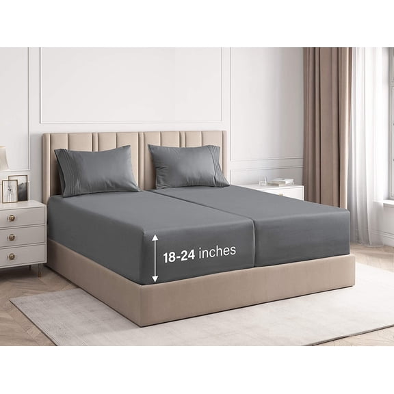 CGK Linens 5-Piece Extra Deep Pocket Sheet Set - Split King Size Breathable & Cooling Bed Sheets Fits 18"-24" Mattresses, Gray