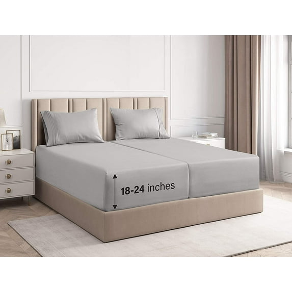 CGK Linens 5-Piece Extra Deep Pocket Sheet Set - Split King Size Breathable & Cooling Bed Sheets Fits 18"-24" Mattresses, Light Gray
