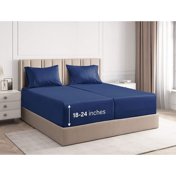 CGK Linens 5-Piece Extra Deep Pocket Sheet Set - Split King Size Breathable & Cooling Bed Sheets Fits 18"-24" Mattresses, Navy Blue