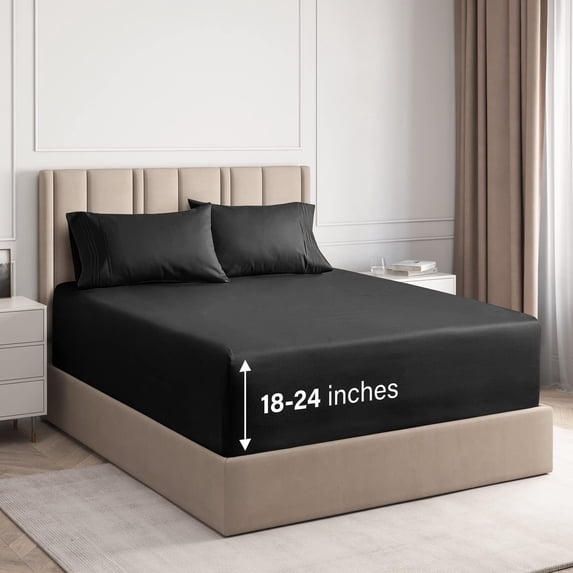 CGK Linens 4-Piece Extra Deep Pocket Sheet Set With Extra Matching Pillowcases - Twin XL Size Bed Sheets Fits 18"-24" Mattresses, Black
