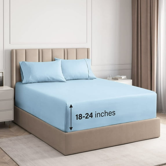CGK Linens 4-Piece Extra Deep Pocket Sheet Set With Extra Matching Pillowcases - Twin Size Bed Sheets Fits 18"-24" Mattresses, Light Blue