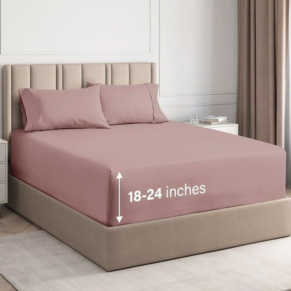 CGK Linens 4-Piece Extra Deep Pocket Sheet Set - Queen Size Breathable & Cooling Bed Sheets Fits 18"-24" Mattresses, Mauve