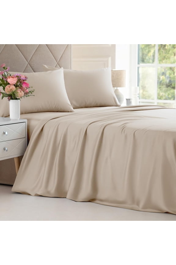 CGK Linens 4-Piece Luxury Bamboo Cooling Sheet Set - King Size 100% Bamboo Derived Rayon Premium Bed Sheets, Wheat