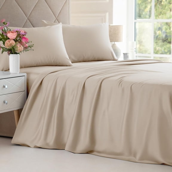 CGK Linens 4-Piece Luxury Bamboo Cooling Sheet Set - King Size 100% Bamboo Derived Rayon Premium Bed Sheets, Wheat