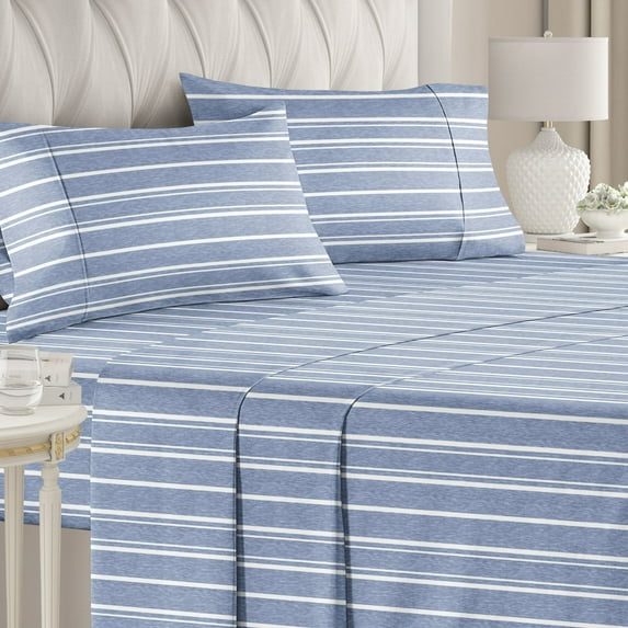 CGK Linens 4-Piece Hotel Luxury Striped Sheet Set - Full Size Stripe Pattern Bed Sheets, Blue Stripes 3