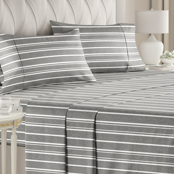 CGK Linens 4-Piece Hotel Luxury Striped Sheet Set - Full Size Stripe Pattern Bed Sheets, Grey Stripes 3