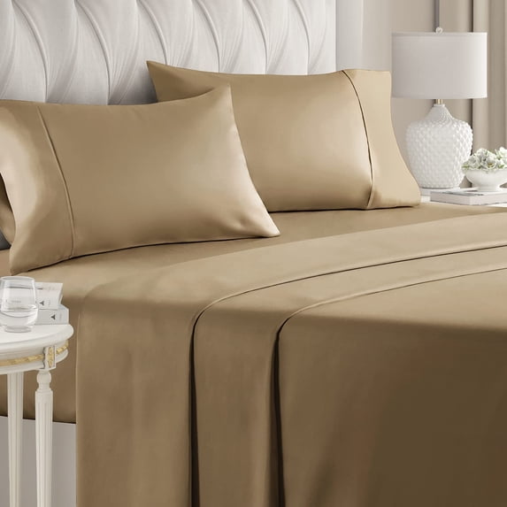 CGK Linens 4-Piece Ultra Soft & Comfy Hotel Luxury Sheet Set - California King Size Cooling Bed Sheet Fits 8"-16" Mattresses, Beige
