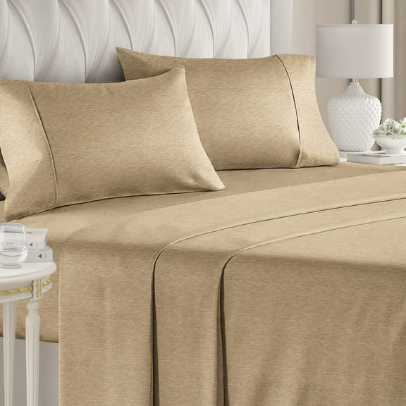 CGK Linens 4-Piece Ultra Soft & Comfy Hotel Luxury Sheet Set - California King Size Cooling Bed Sheet Fits 8"-16" Mattresses, Heathered Tan