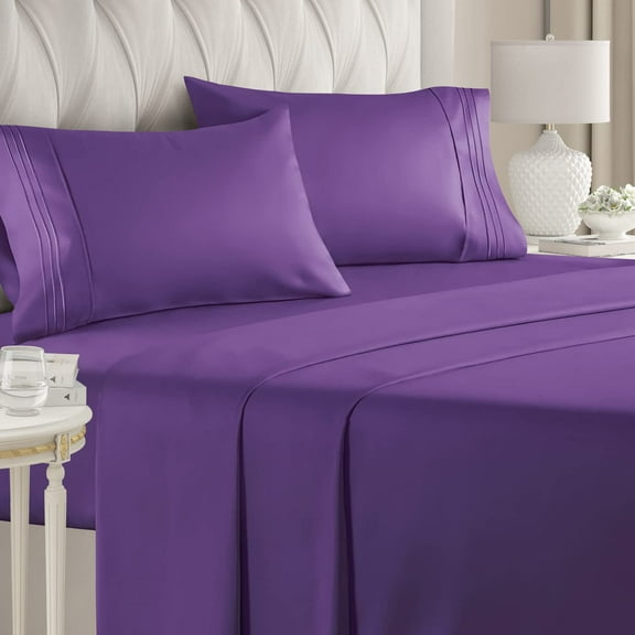 CGK Linens 4-Piece Ultra Soft & Comfy Hotel Luxury Sheet Set - King Size Cooling Bed Sheet Fits 8"-16" Mattresses, Purple