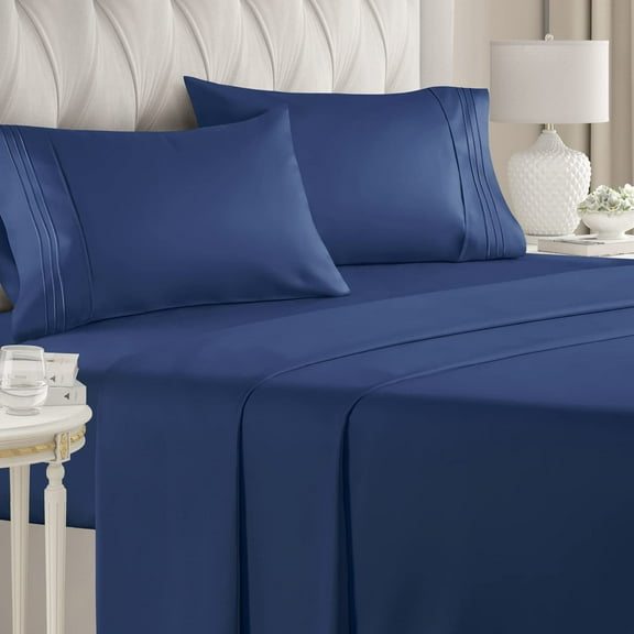 CGK Linens 4-Piece Ultra Soft & Comfy Hotel Luxury Sheet Set - Queen Size Cooling Bed Sheet Fits 8"-16" Mattresses, Navy Blue