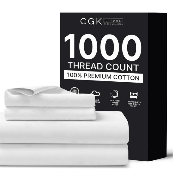 CGK Linens 4-Piece Luxury 1000 Thread Count Cotton Sheet Set - King Size 100% Cotton Sateen Bed Sheets, Softer Than Egyptian Cotton, White