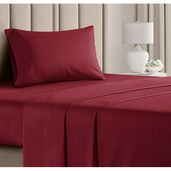CGK Linens 3-Piece 400 Thread Count Cotton Sheet Set - Twin XL Size 100% Cotton Sateen Bed Sheets Fits 18"-24" Mattresses, Burgundy