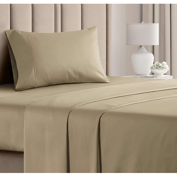 CGK Linens 3-Piece 400 Thread Count Cotton Sheet Set - Twin XL Size 100% Cotton Sateen Bed Sheets Fits 18"-24" Mattresses, Beige
