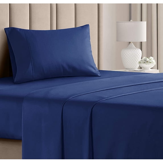 CGK Linens 3-Piece 400 Thread Count Cotton Sheet Set - Twin XL Size 100% Cotton Sateen Bed Sheets Fits 18"-24" Mattresses, Navy Blue