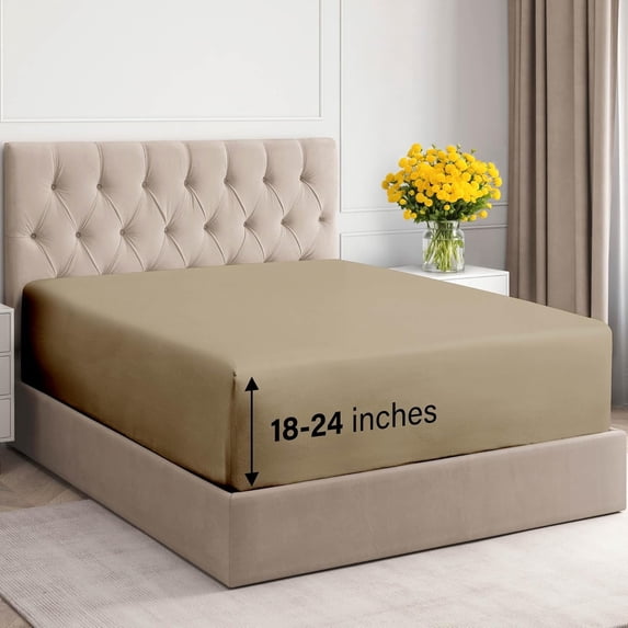 CGK Linens 400 Thread Count Extra Deep Pocket Single Fitted Sheet Only - Full Size 100% Cotton Sateen Bottom Sheet, Fits 18"-24" Mattresses, Cream