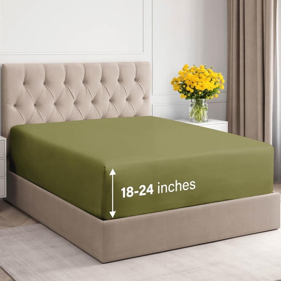 CGK Linens 400 Thread Count Extra Deep Pocket Single Fitted Sheet Only - Twin Size 100% Cotton Sateen Bottom Sheet, Fits 18"-24" Mattresses, Sage Green