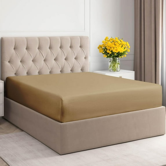 CGK Linens 400 Thread Count Single Fitted Sheet Only - King Size 100% Cotton Sateen Bottom Sheet, Fits Mattress Up To 16", Beige
